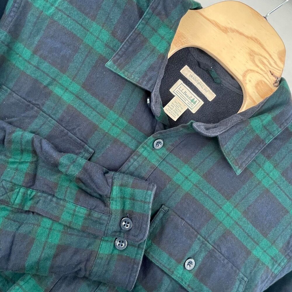L.L. Bean Men 2XL Tall Fleece Lined Flannel Green Plaid Shacket Traditional Fit